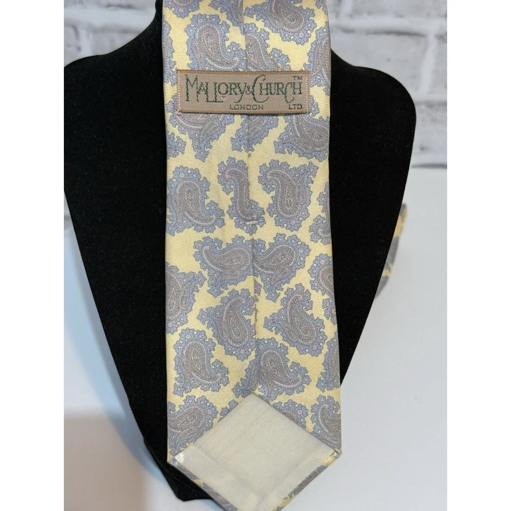 Mallory Church London Ltd Vintage Paisley Silk Necktie Yellow Gray Classic Tie
